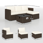 Outsunny Five Piece Rattan Garden Furniture Set with Gas Fire Pit Table and Footstool - Brown and Cream White