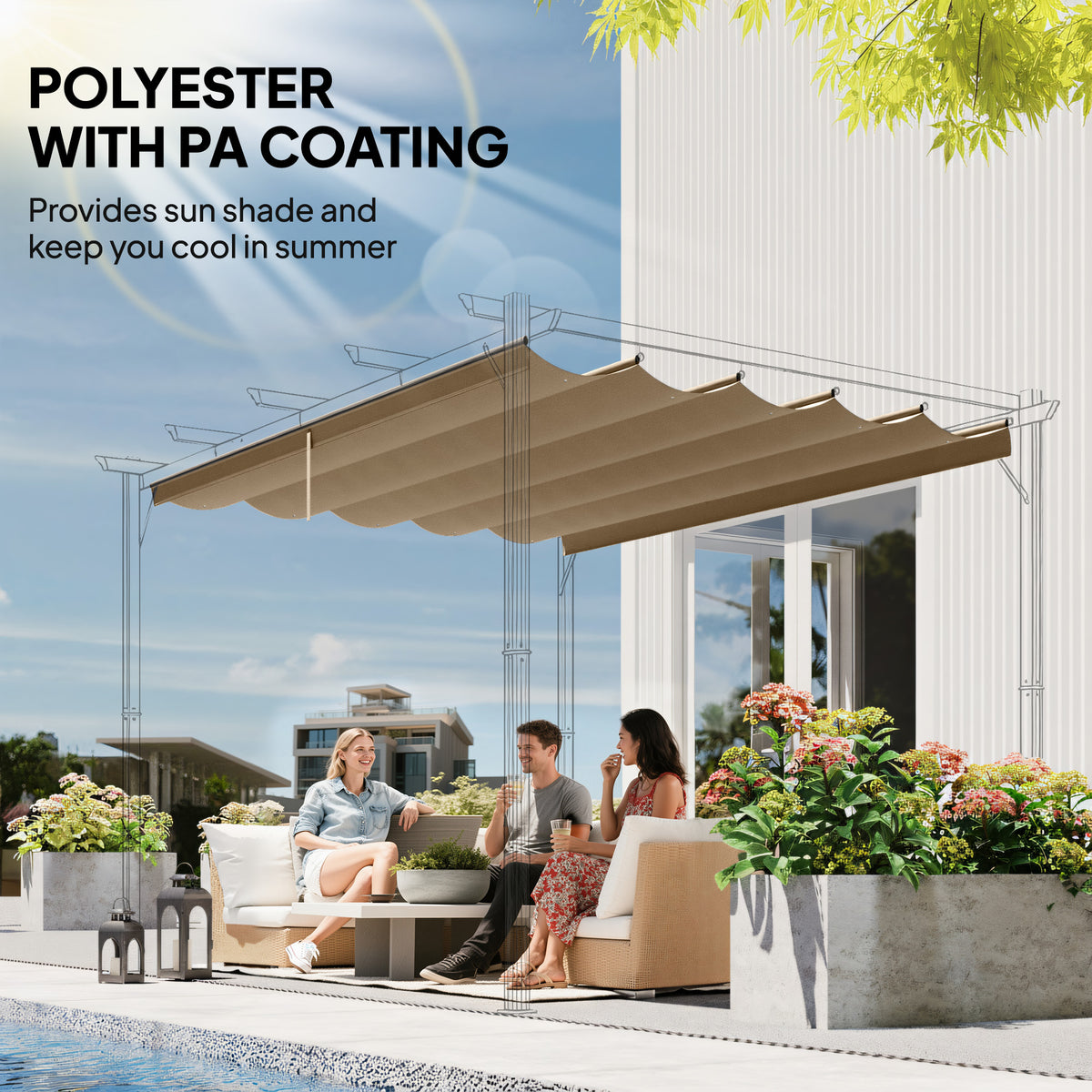 Outsunny Retractable Pergola Cover, 2.55 x 2.5 m Replacement Canopy Fabric for 3 x 3 m Frame, Roof Top Only, Tan