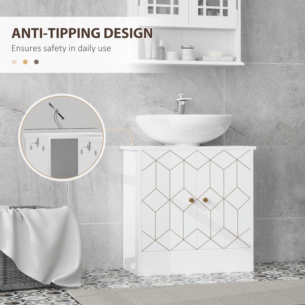 Under Sink Bathroom Cabinet, Under Sink Cabinet with Adjustable Shelf and Open Compartment for Basin with or without Pedestal, 60 x 30 x 60cm, White