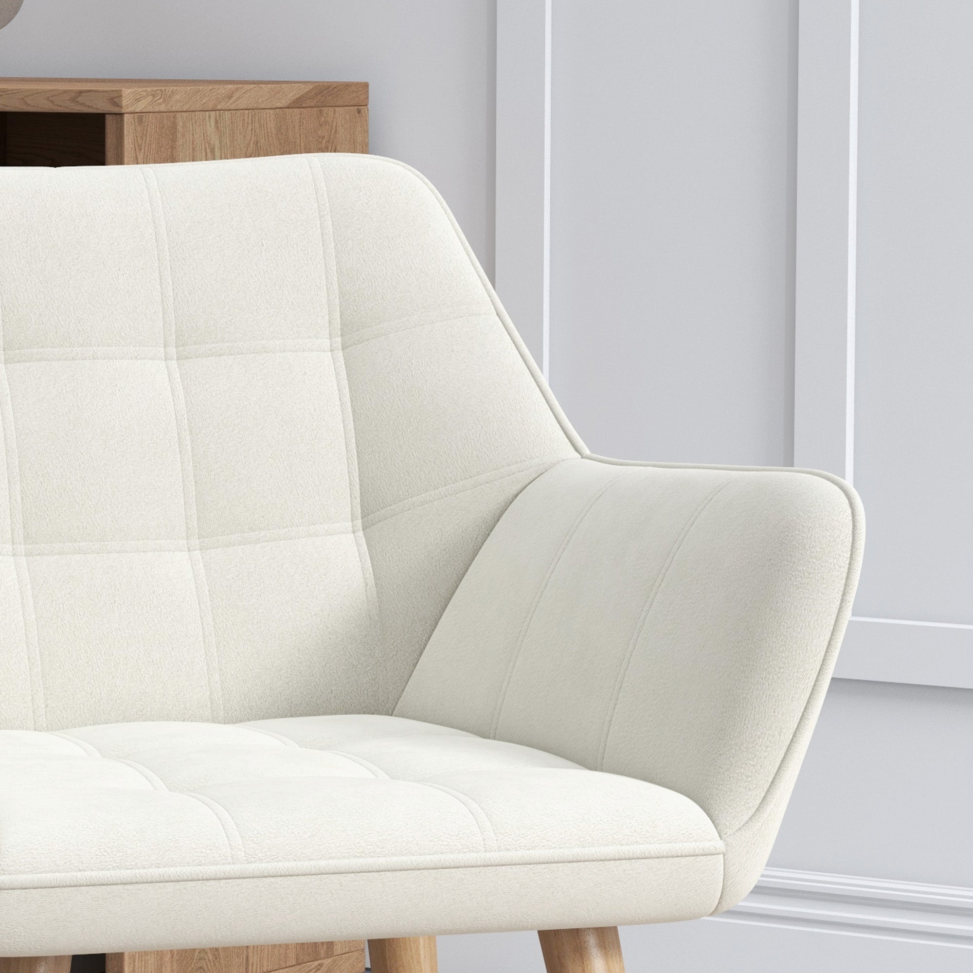 Set of 2 Accent Chair, Arm Chair with Slanted Back, Thick Padding and Rubber Wooden Legs for Living Room, Cream White