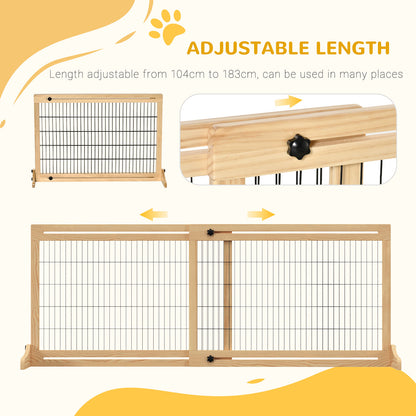 PawHut Freestanding Dog Gate, Foldable Pet Fence, Indoor Wood Barrier, Stair Gate with Support Feet, for Doorway, Hallway, Small and Medium Dogs, 69H x 104-180 cm, Natural Wood Finish