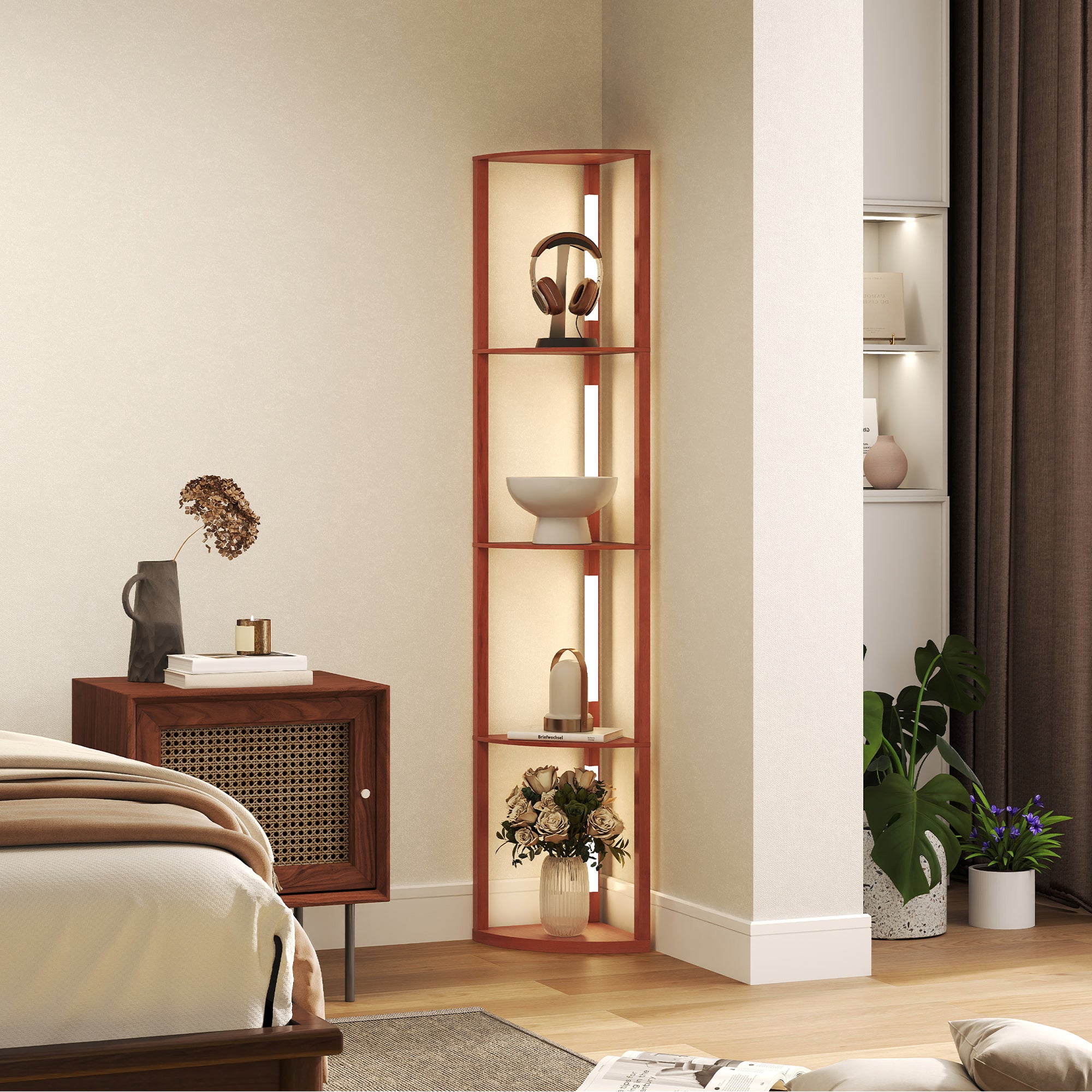 Corner Floor Lamp for Living Room Bedroom with Dimmable Warm White LED Light, Modern Tall Standing Lamp, Brown