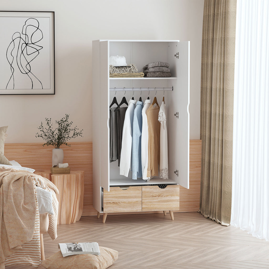 2-Door Clothes Wardrobe w/ Rail Shelf 2 Drawers Wood Feet Elegant Home Storage Organisation Furniture, White