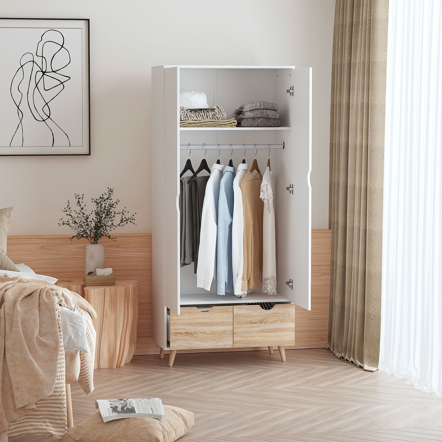 2-Door Clothes Wardrobe w/ Rail Shelf 2 Drawers Wood Feet Elegant Home Storage Organisation Furniture, White