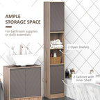 HOMCOM Narrow Bathroom Cabinet, Slim Bathroom Storage Unit with Open Compartment, Freestanding Storage Cupboard with Adjustable Shelves for Small Spaces, 30 x 24 x 170 cm, Grey and Oak
