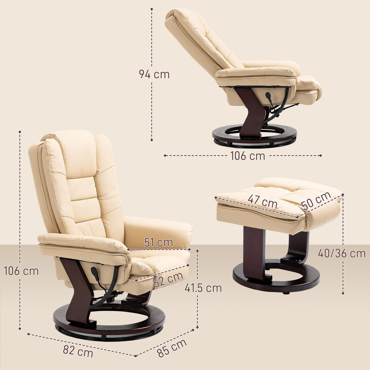 Faux Leather 135° Reclining Chair and Footstool - Beige