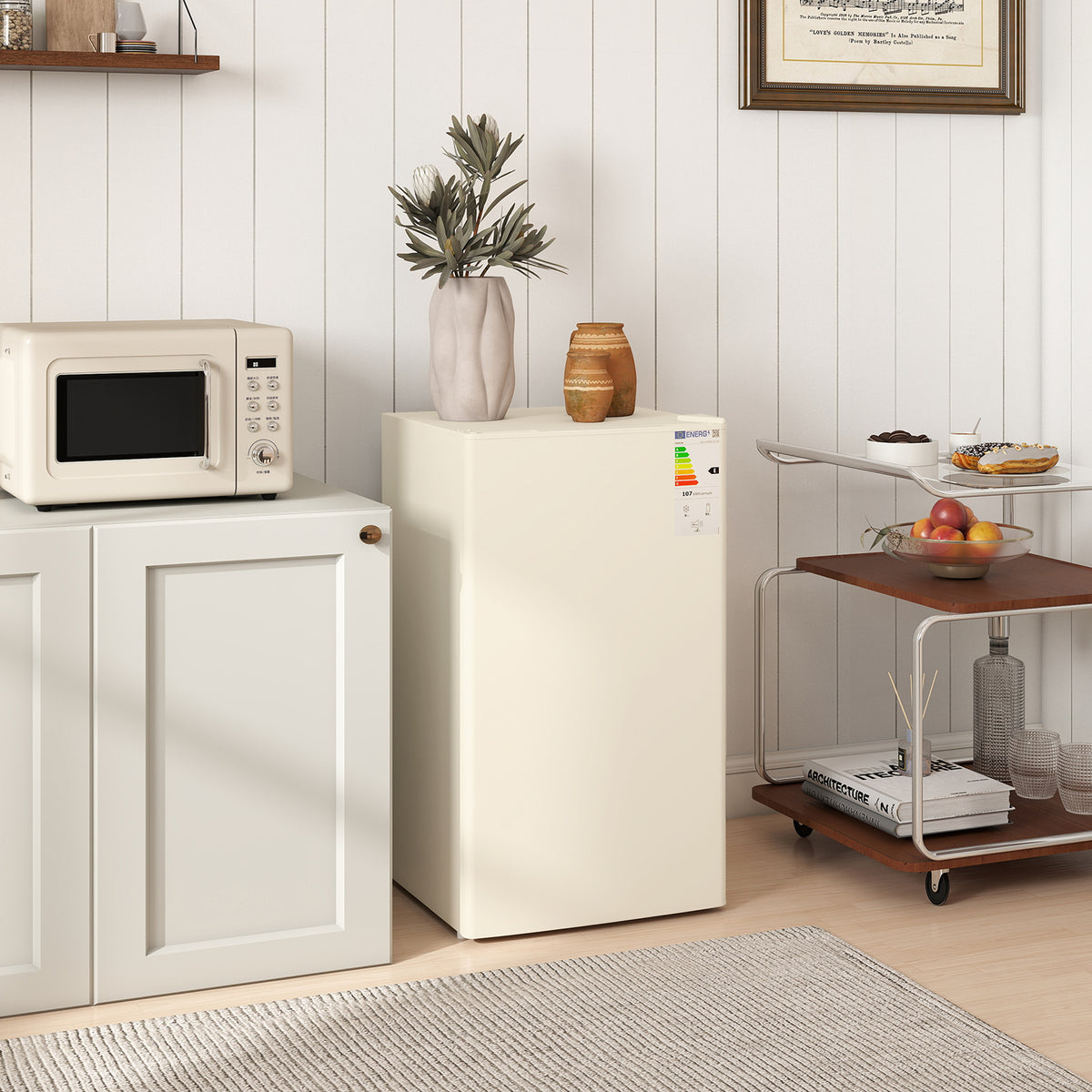 Under Counter Fridge, 91L Small Fridge with Chiller Box, Removable Shelf, Reversible Door, Adjustable Legs, Mini Refrigerator, Beige