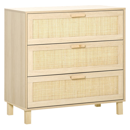 Rattan Bedroom Chest of Drawers, 3 Drawers Storage Unit, Boho Dresser for Living Room, Hallway, Natural