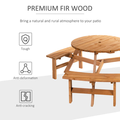 Outsunny Wooden Garden Dining Set, 6 Seater Round Dining Picnic Table with Matching Bench, Garden Furniture Set with Parasol Hole for Outdoor Patio Party and Family Gatherings, Brownish Red