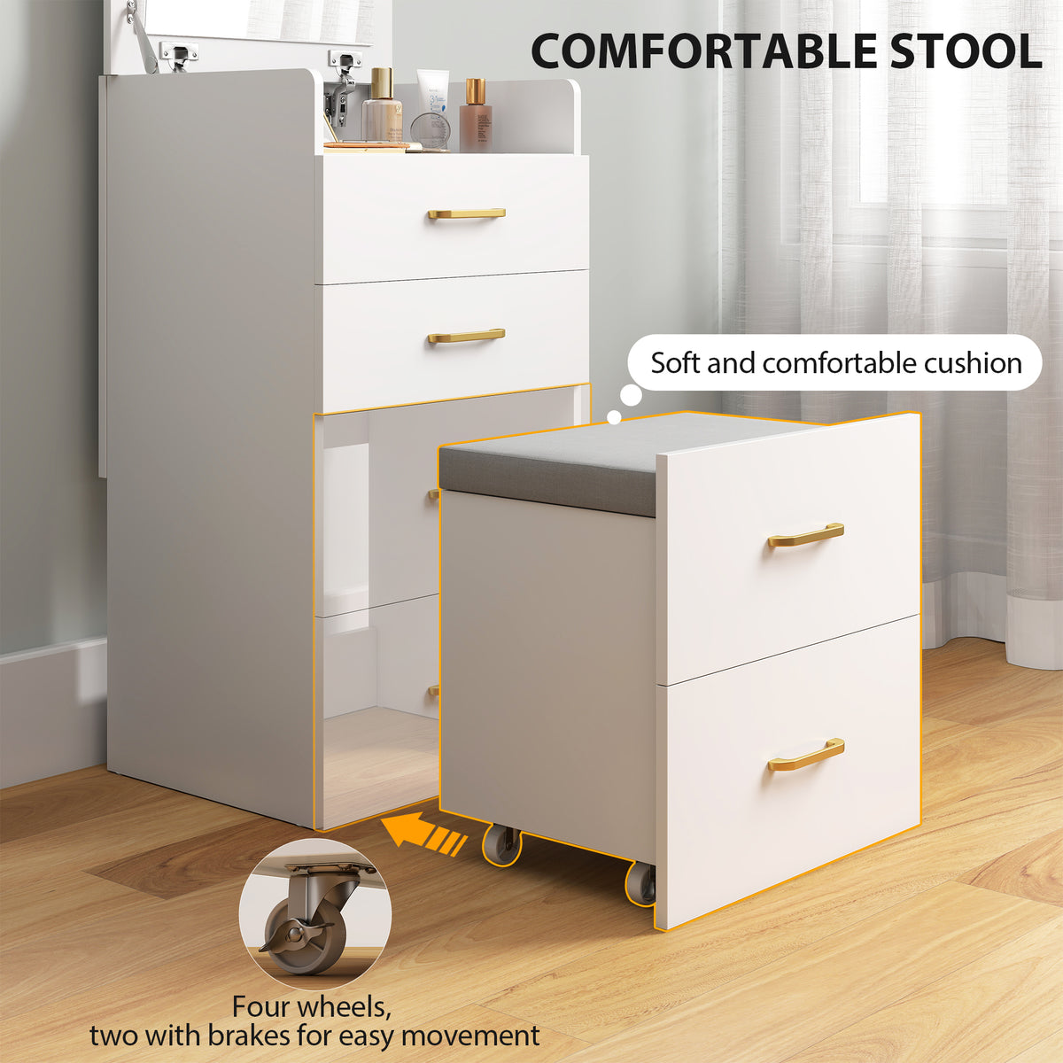 Compact Dressing Table and Stool Set, with Storage - White