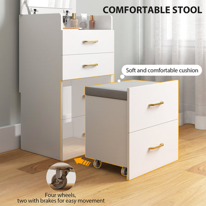 Compact Dressing Table and Stool Set, with Storage - White