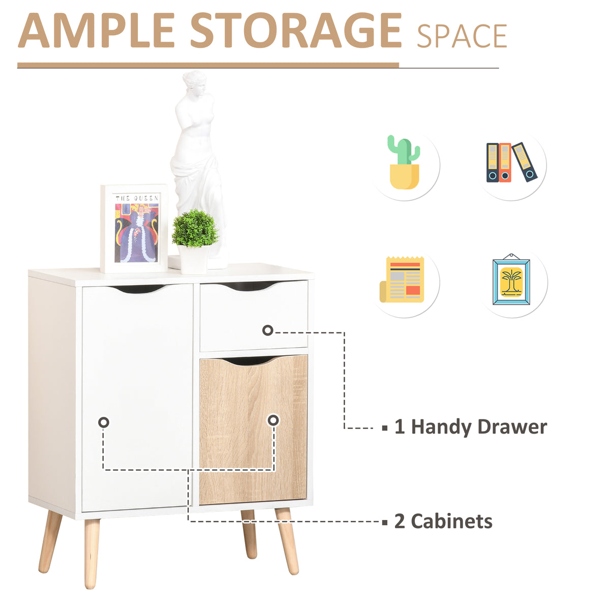 Sideboard Floor Cabinet Storage Cupboard with Drawer and Solid Wood Legs for Bedroom, Living Room, Entryway, Brown