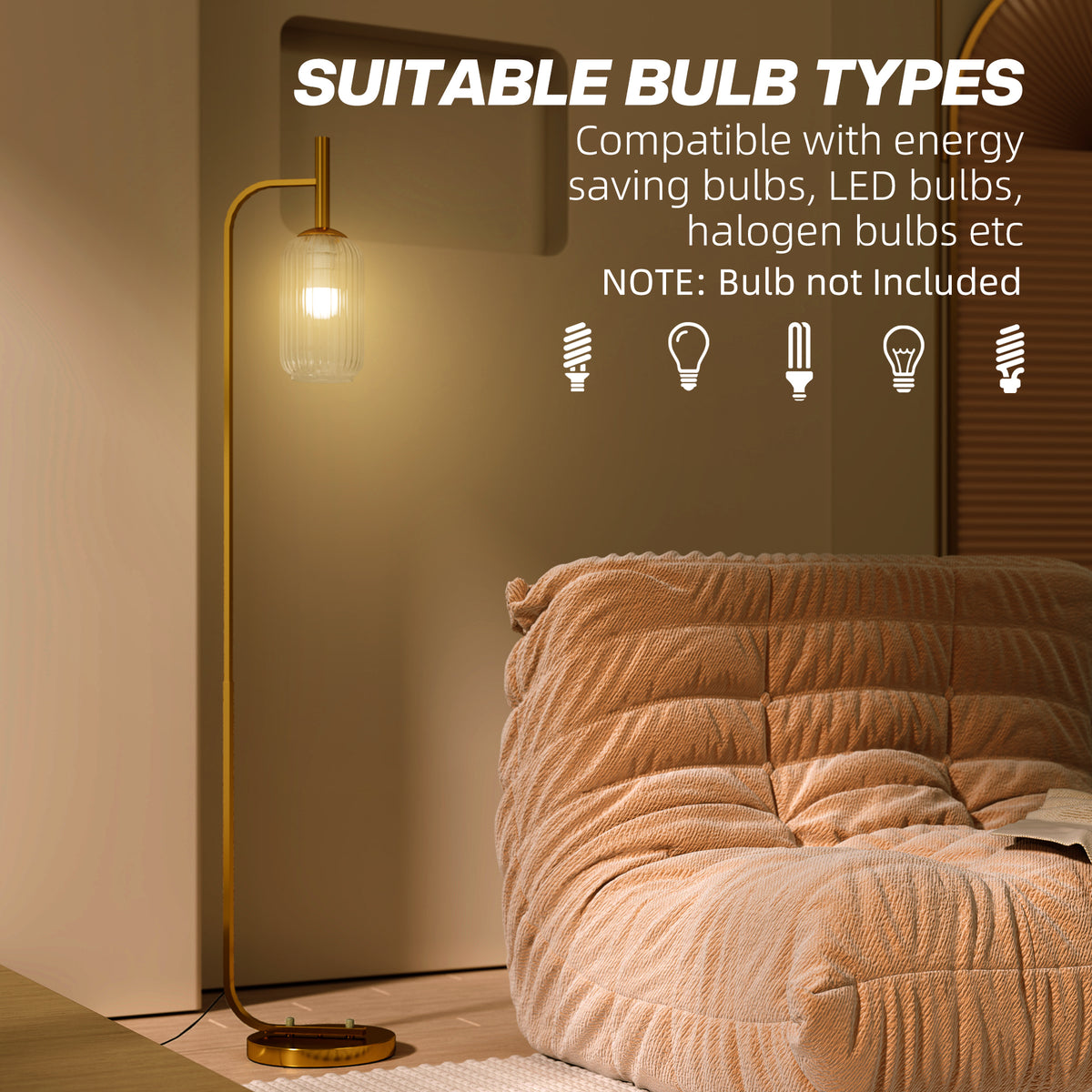 Floor Lamp for Living Room with Glass Lampshade, Modern Standing Lamp with Foot Switch for Bedroom, Bulb not Included, Gold Tone
