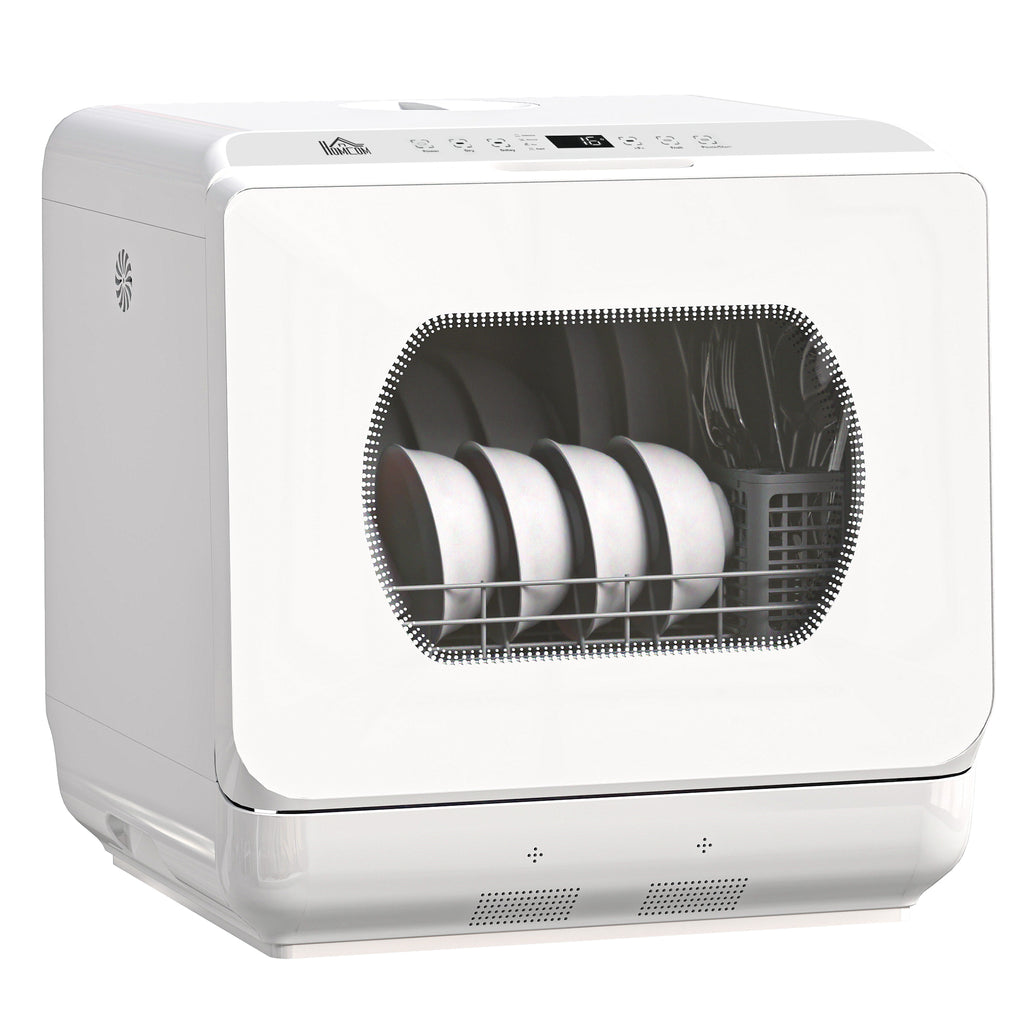 Table Top Dishwasher with Built-in 6L Water Tank, Mini Countertop Dishwasher with 6 Programs, 4 Place Settings, White