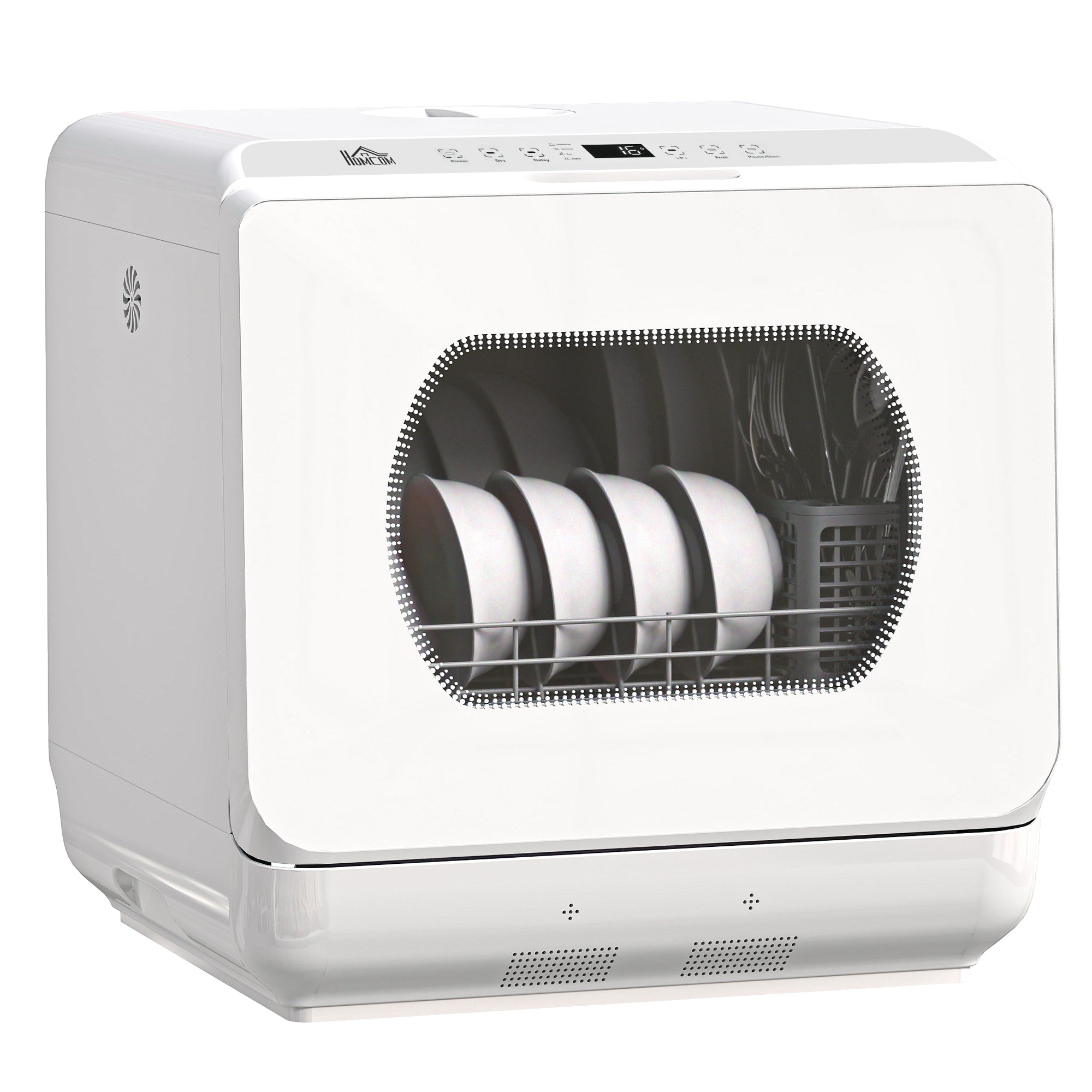 Table Top Dishwasher with Built-in 6L Water Tank, Mini Countertop Dishwasher with 6 Programs, 4 Place Settings, White