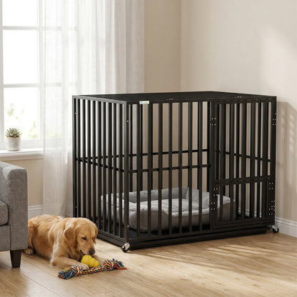 PawHut Heavy Duty Dog Crate, Dog Cage with Wheels for Medium Large Breeds with Removable Tray, Black