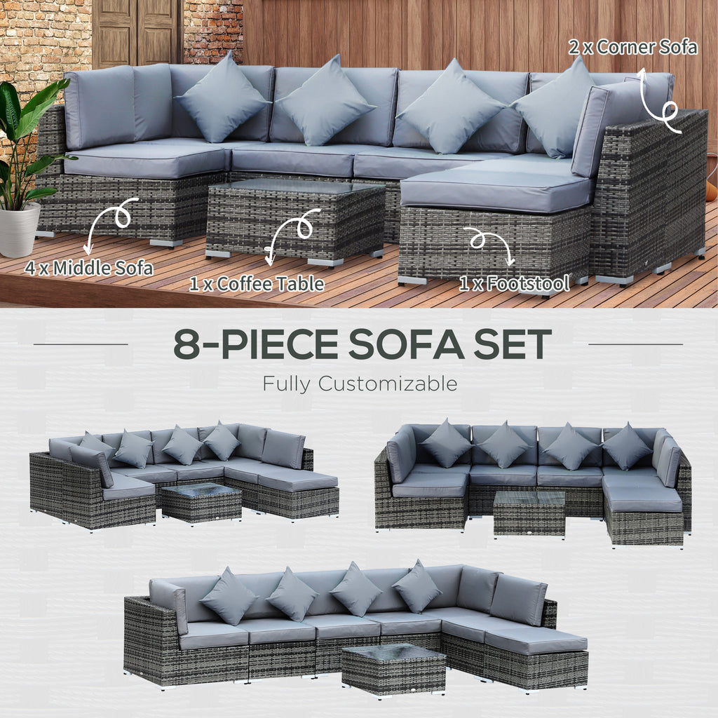 Outsunny 8 Piece Rattan Corner Sofa Set with Wide & Deep Seat, Assembled Aluminium PE Rattan Garden Furniture Set with Thick Cushions and Glass Top Table for Outdoor, Conservatory, Grey