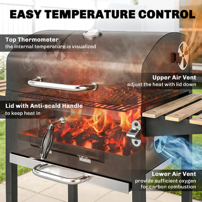 Outsunny Charcoal BBQ Grill with Height Adjustable Charcoal Pan, Barbecue Smoker with Warming Rack, 3 Shelves, Temperature Gauge, Wheels, Bottle Opener for Outdoor Cooking Garden Party