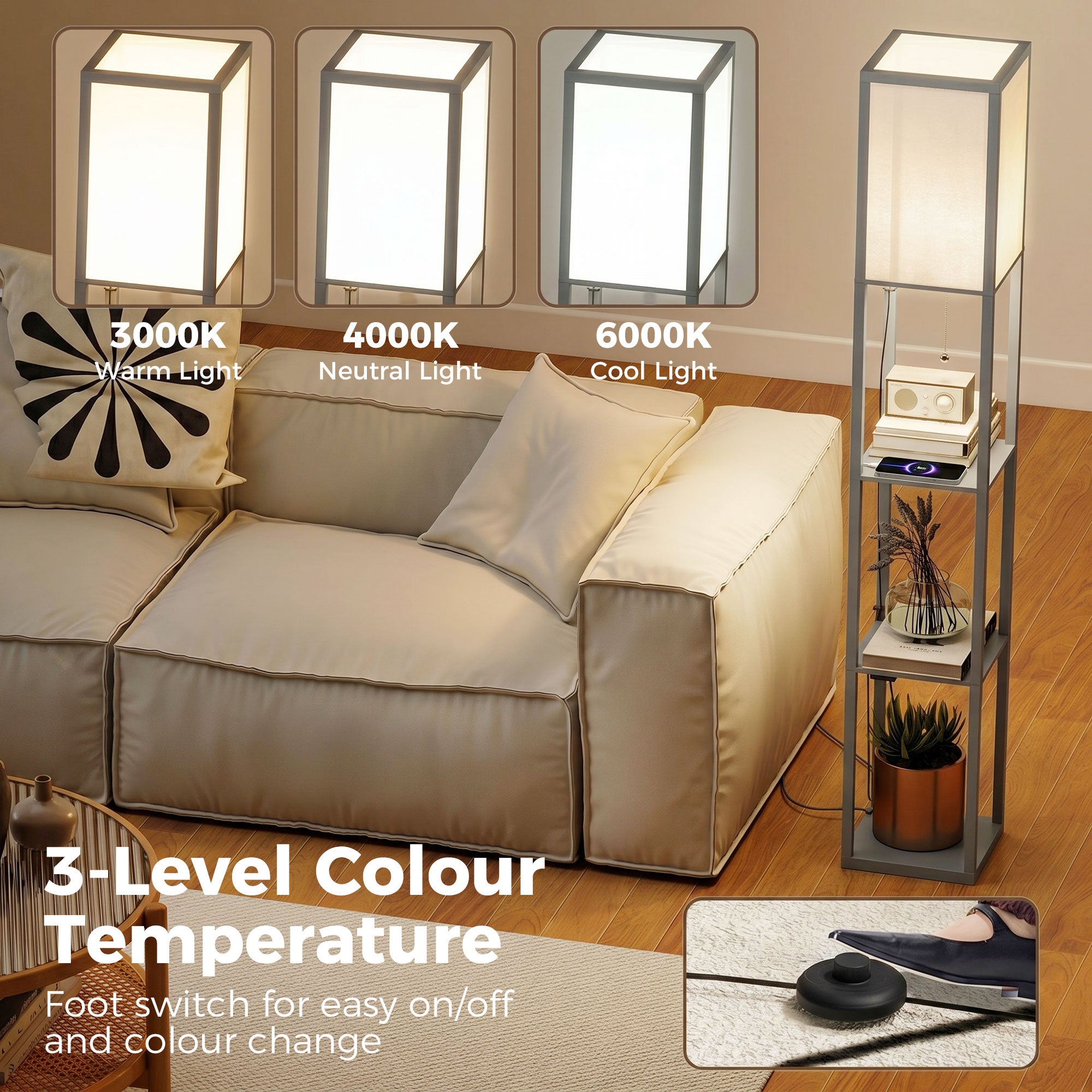 Floor Lamp with Shelves, 3 Layer Column Modern Standing Lamp for Living Room, Bedroom, Office, Grey