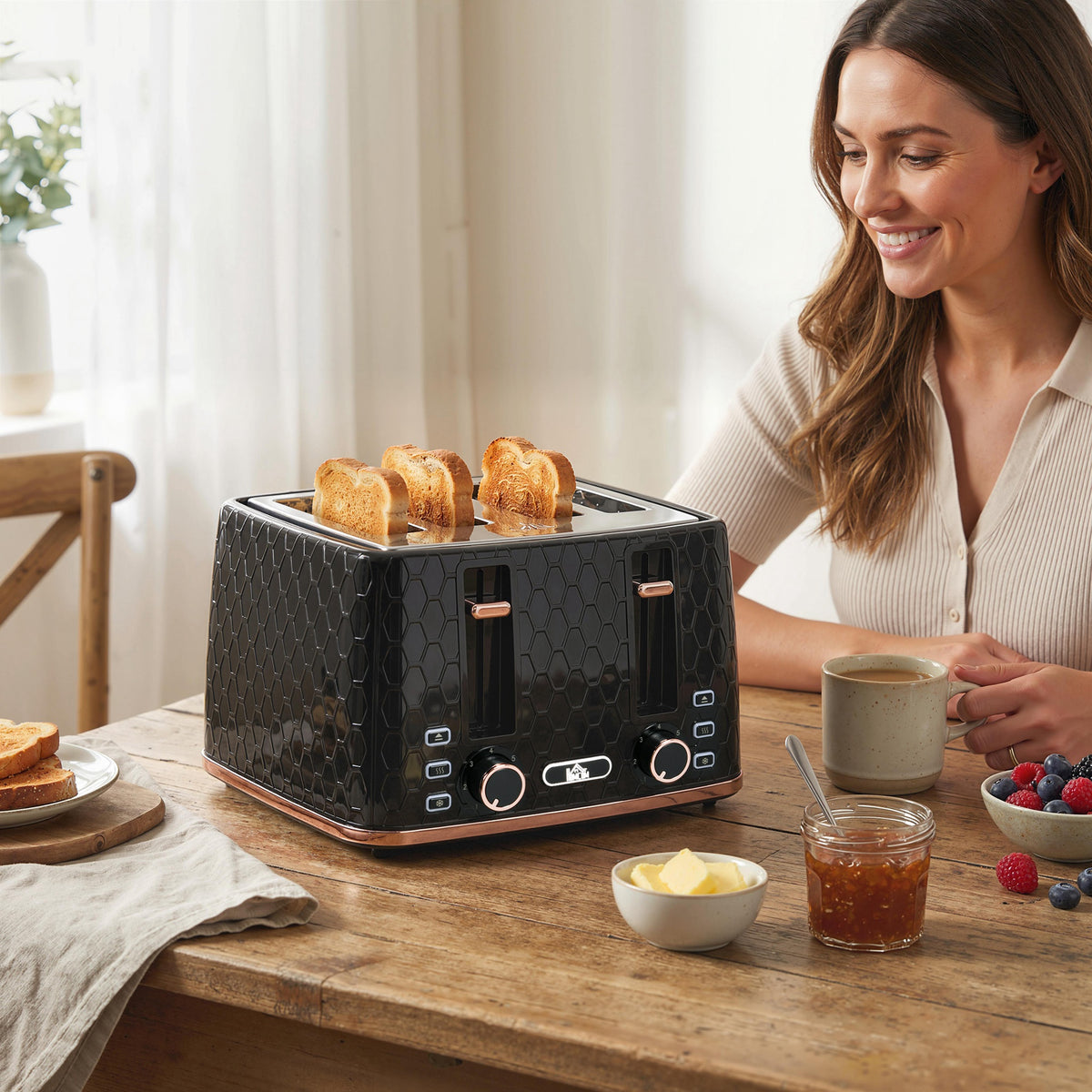 4 Slice Toaster with 7 Browning Levels, High Lift, Reheat/Defrost/Cancel, Self-centring Function, Removable Crumb Tray, Auto Off, 1600W, Black Honeycomb Texture