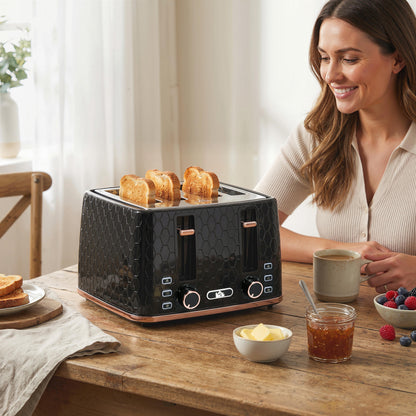 4 Slice Toaster with 7 Browning Levels, High Lift, Reheat/Defrost/Cancel, Self-centring Function, Removable Crumb Tray, Auto Off, 1600W, Black Honeycomb Texture