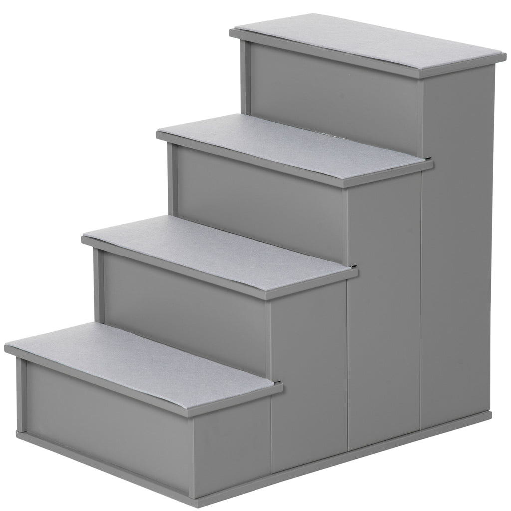 PawHut 4 Step Dog Steps for Bed, Wooden Dog Steps for Sofa, Pet Stairs for Bed Couch with Non-Slip Carpet for Cats and Puppies, 40 x 59 x 54.2 cm, Grey