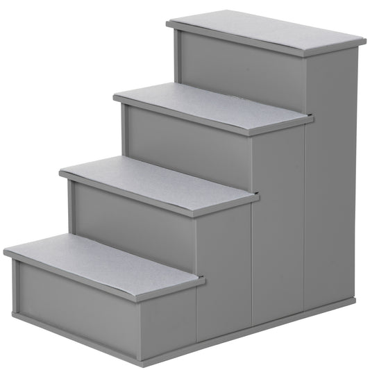 PawHut 4 Step Dog Steps for Bed, Wooden Dog Steps for Sofa, Pet Stairs for Bed Couch with Non-Slip Carpet for Cats and Puppies, 40 x 59 x 54.2 cm, Grey