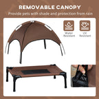 PawHut Outdoor Dog Bed with Removable Canopy, Portable Raised Dog Bed for Camping, Garden & Beach, Water-Resistant UV-Protection Mesh Pet Cot Sun Lounger, for Medium Pets, 76 x 61 x 73 cm, Brown