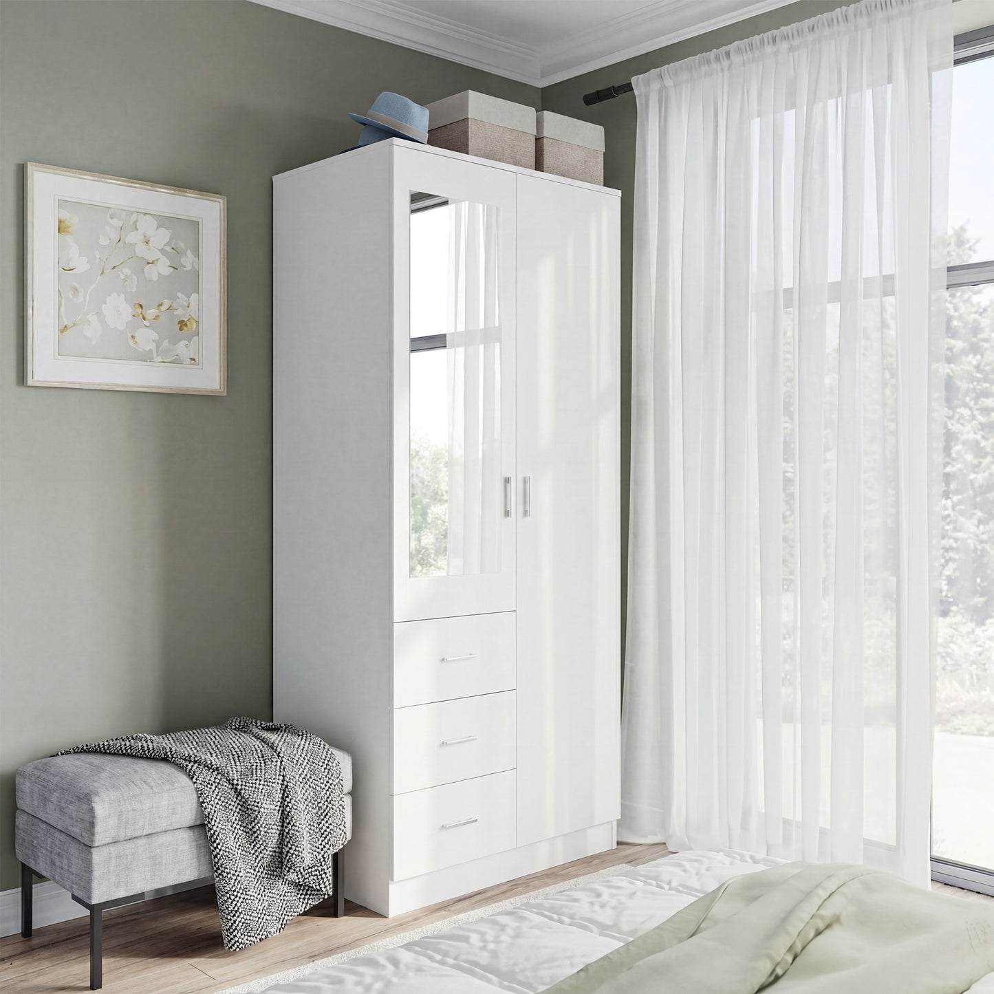 2 Door 3 Drawer Mirrored Wardrobe with Hanging Rail, Modern Clothes Storage Cupboard with Mirror, Drawers and Adjustable Shelves for Bedroom, 80 x 50 x 180 cm, White