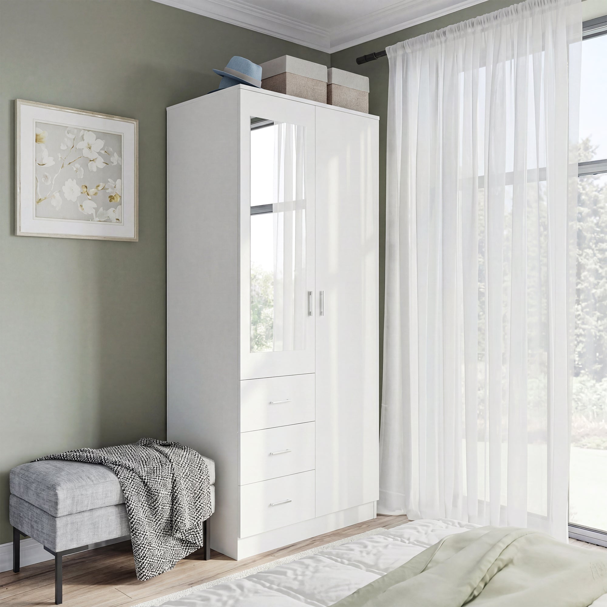 2 Door 3 Drawer Mirrored Wardrobe with Hanging Rail, Modern Clothes Storage Cupboard with Mirror, Drawers and Adjustable Shelves for Bedroom, 80 x 50 x 180 cm, White