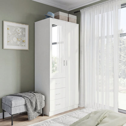 2 Door 3 Drawer Mirrored Wardrobe with Hanging Rail, Modern Clothes Storage Cupboard with Mirror, Drawers and Adjustable Shelves for Bedroom, 80 x 50 x 180 cm, White