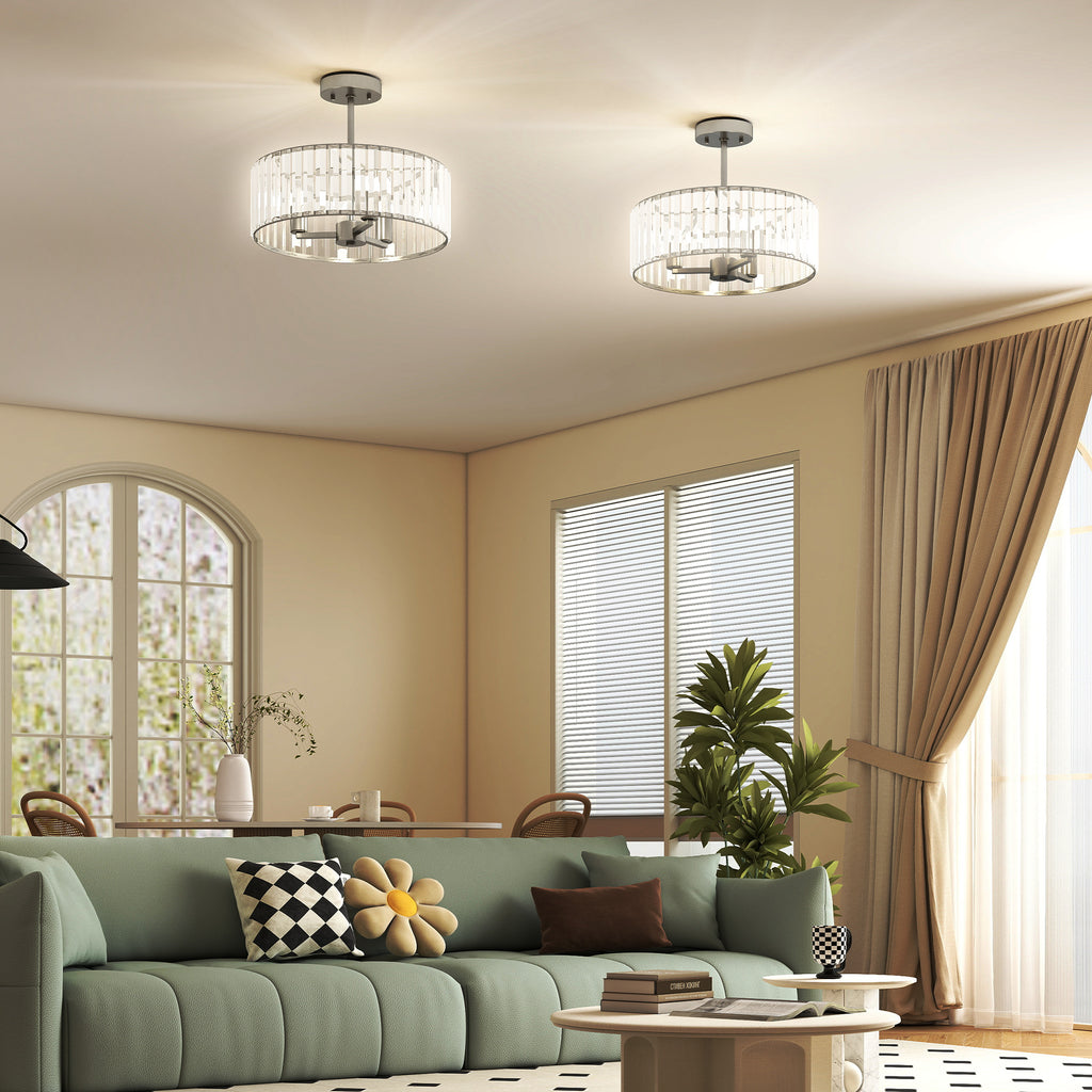Crystal Ceiling Light Fixture Set of 2, Semi Flush Mount Modern Chandelier for Living Room, Bedroom and Hallway, 3-Lights with E14 Base, Silver Tone