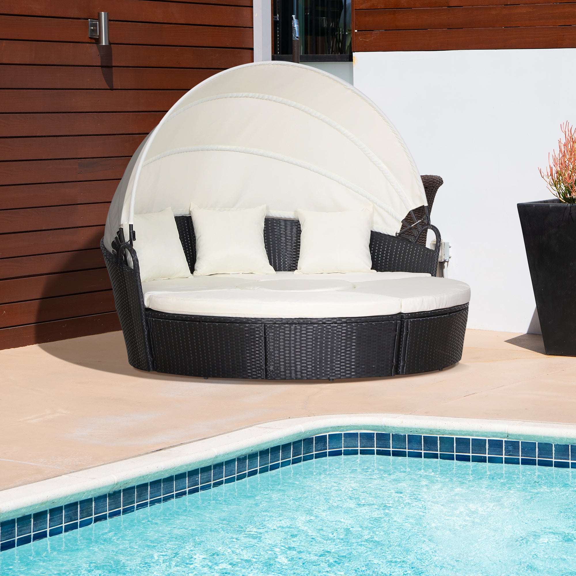 Outsunny Five-Piece Rattan Garden Bed, with Canopy - Black/White
