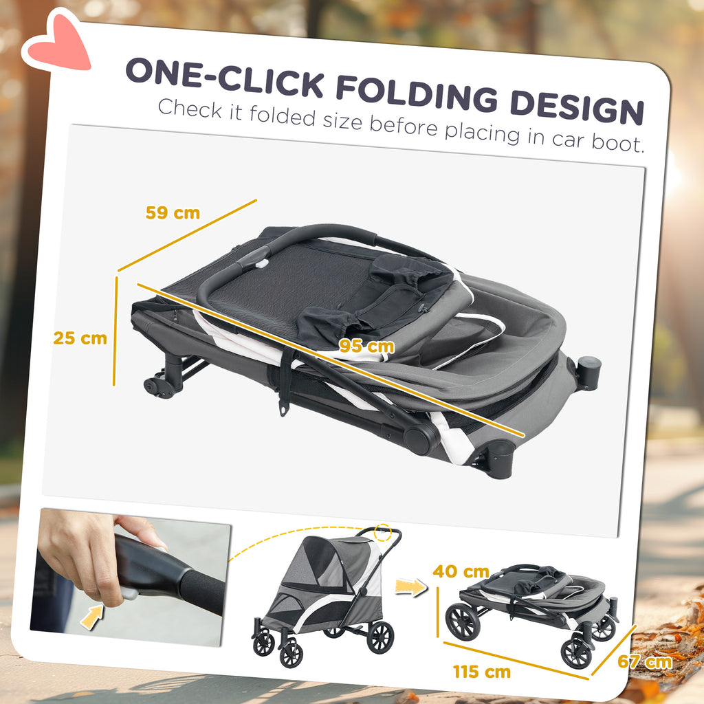 PawHut Foldable Pet Stroller for Large Dogs with 4 Big Wheels, Shock-Absorbing Frame, Safety Leashes, Brakes, Dark Grey