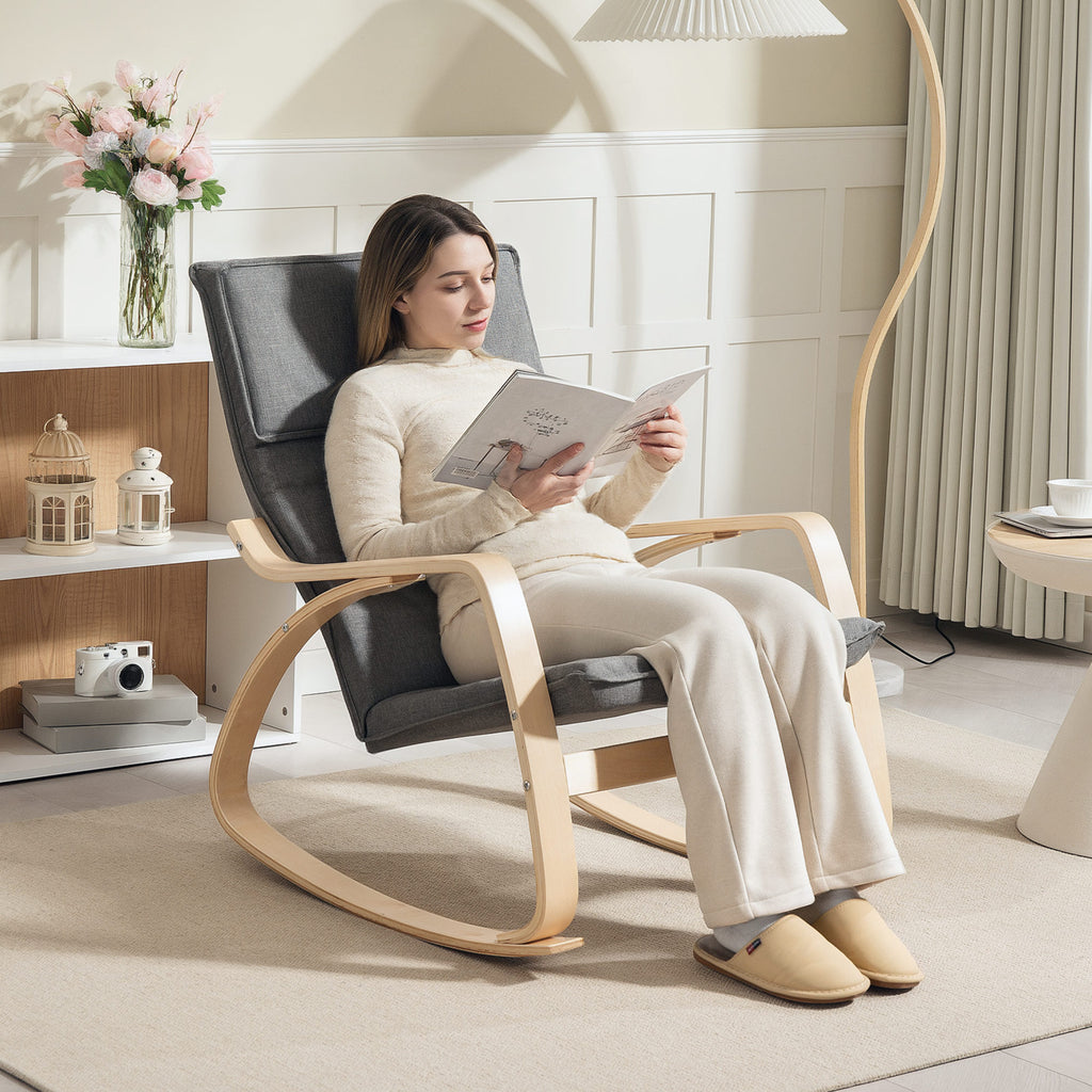 HOMCOM Comfortable Relax Rocking Chair, Upholstered Lounge Chair Recliner with High Back and Headrest for Living Room, Bedroom, Grey