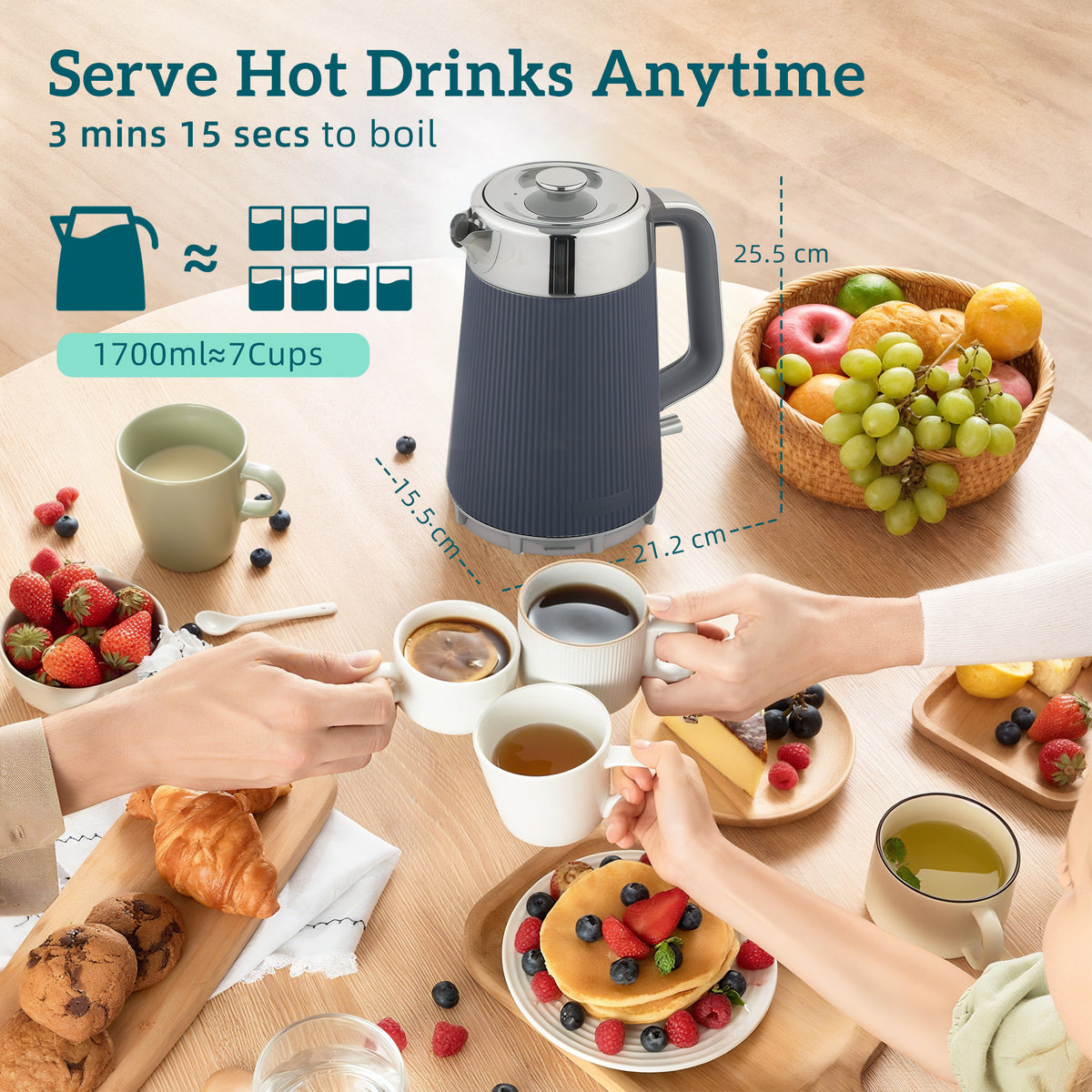 Electric Stainless Steel Kettle and Toaster Set, 3000W 1.7L UK Strix Thermostat Fast Boil Kettle w/ Limescale Filter, Cool Touch Body, 4 Slice Toaster with 7 Browning Levels, Crumb Tray, Grey