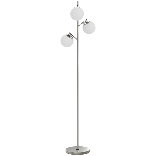 3-Light Tree Floor Lamps for Living Room, Modern Standing Lamp for Bedroom with Globe Lampshade, 3000K/4000K/6000K Colour Temperatures, Steel Base, Silver Tone