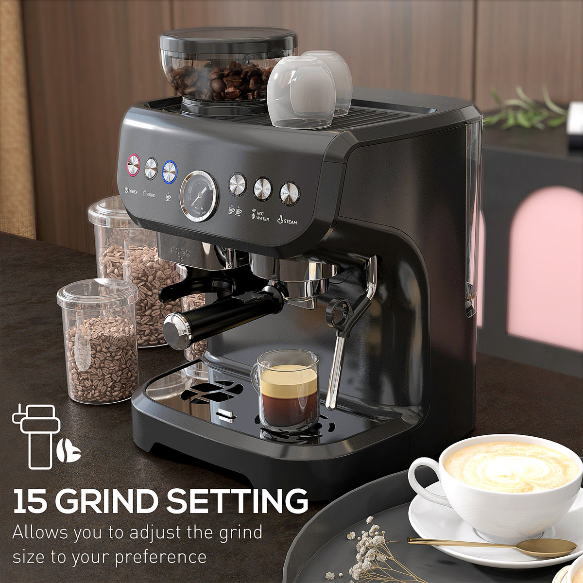15 Bar Coffee Machine with Adjustable Grind, Steamer and Accessories, Good Housekeeping Institute Approved, Black