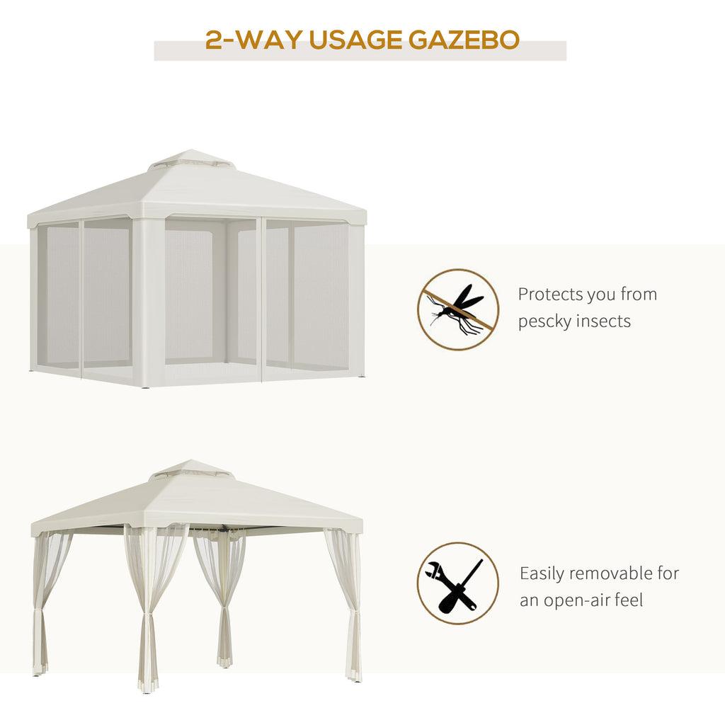 Outsunny 3 x 3 m Metal Gazebo, Double Roof Canopy Shelter with Mesh Sidewalls, Cream White