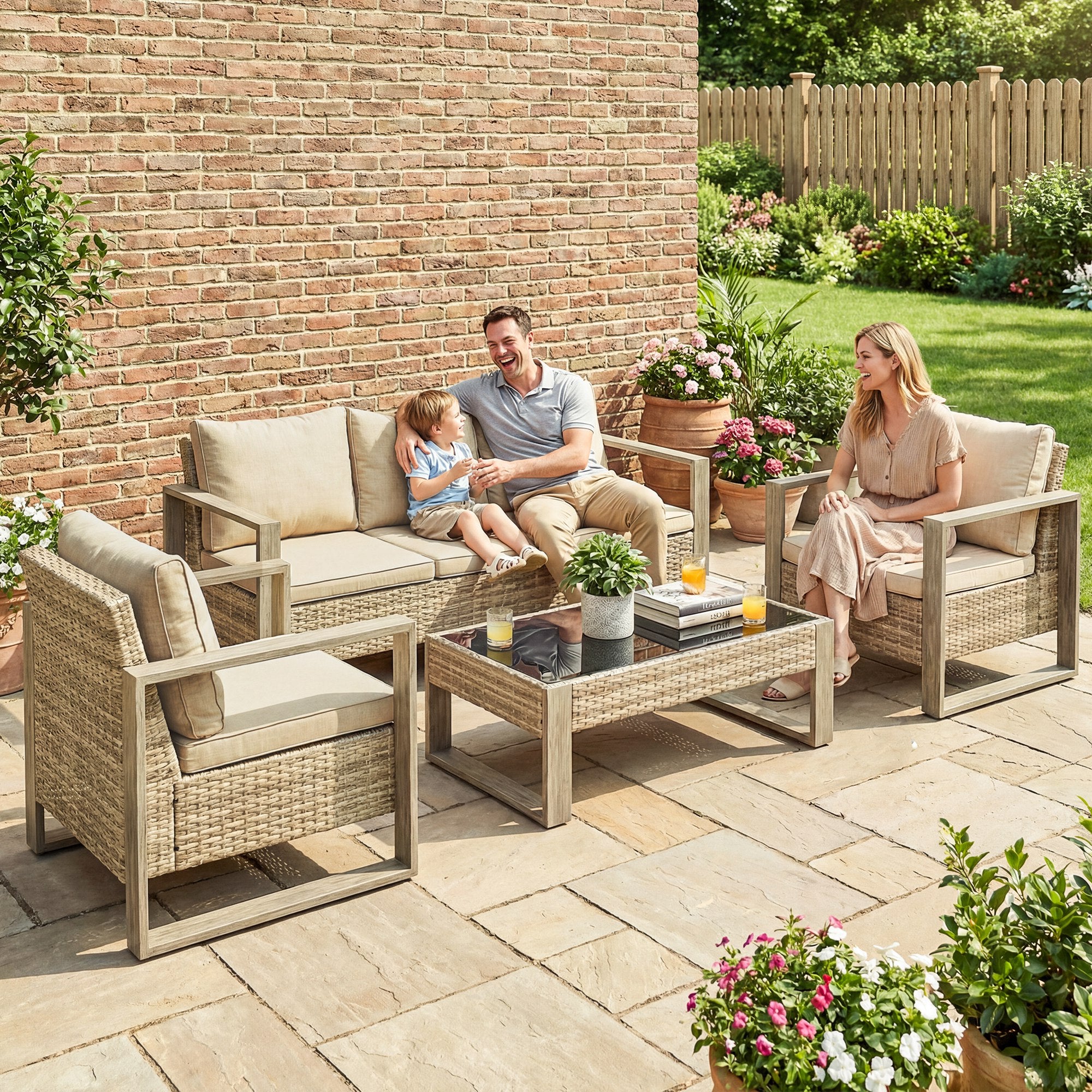 Outsunny Rattan Garden Set, 4 Piece Rattan Garden Furniture Set with 3-Seater Sofa, Armchairs, Table, Aluminium Frame Patio Furniture, Khaki