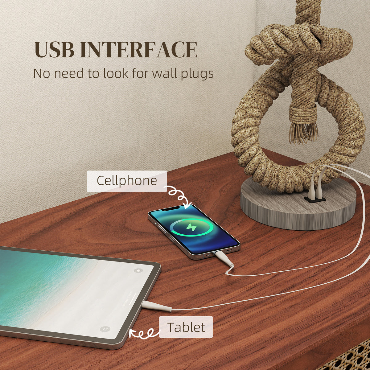 Nautical LED Table Lamp with USB Charging Port, Bedside Desk Lamp for Bedroom, Living Room, Home Office