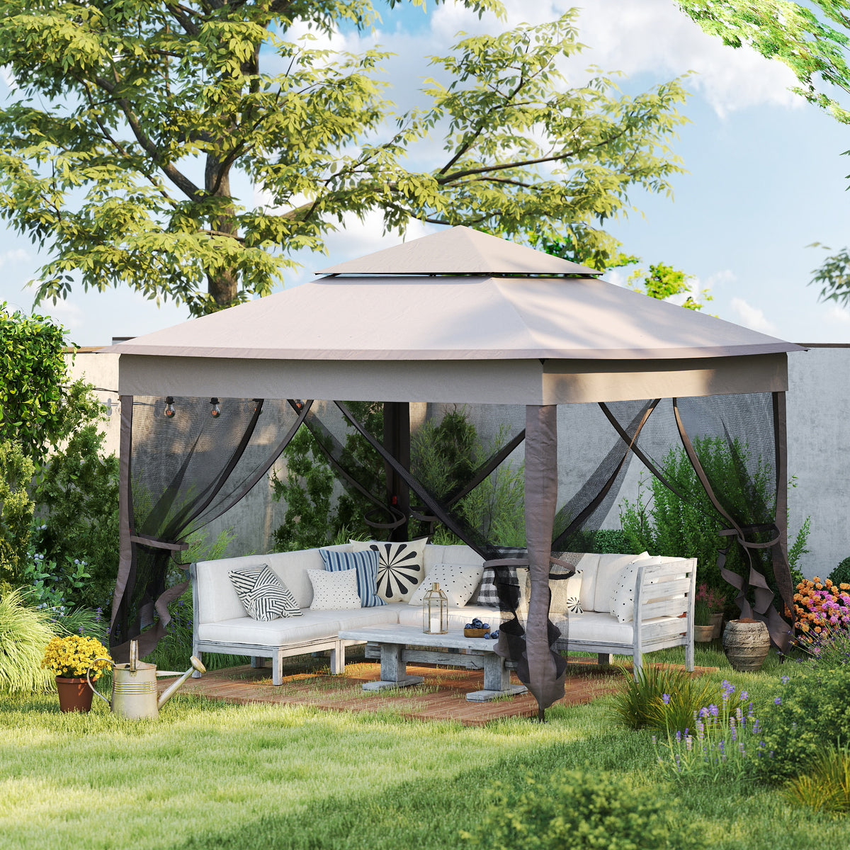 Outsunny 3.25 x 3.25m Pop Up Gazebo, Double-roof Garden Tent with Netting and Carry Bag, Party Event Shelter for Outdoor Patio, Brown and Grey