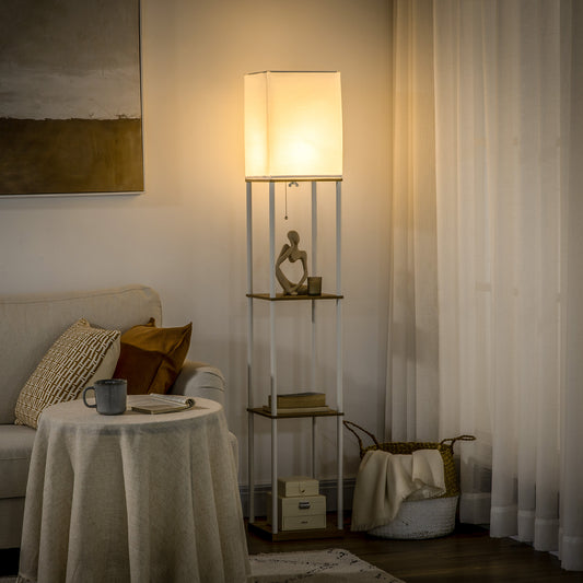 Modern Metal Floor Lamp with Shelves, 3 Layer Shelf Tall Standing Lamp with Fabric Lampshade, Pull Chain Switch for Living Room, Bedroom, Bulb not Included, White