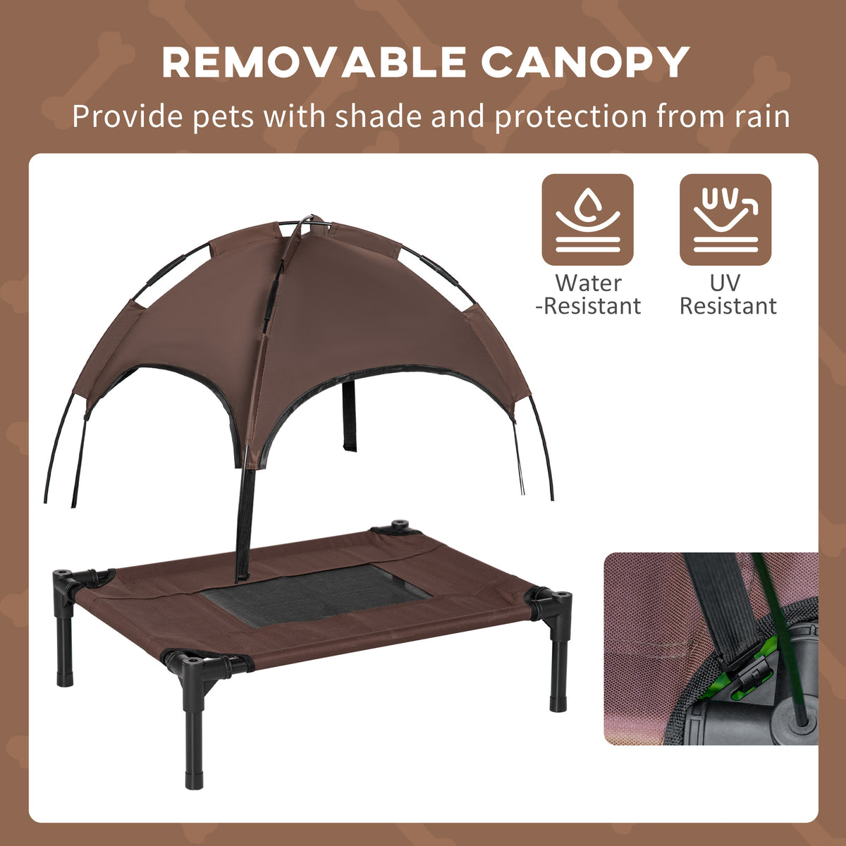 PawHut Outdoor Dog Bed with Removable Canopy, Portable Raised Dog Bed for Camping, Garden & Beach, Water-Resistant UV-Protection Mesh Pet Cot Sun Lounger, for Small Pets, 61 x 46 x 62 cm, Brown