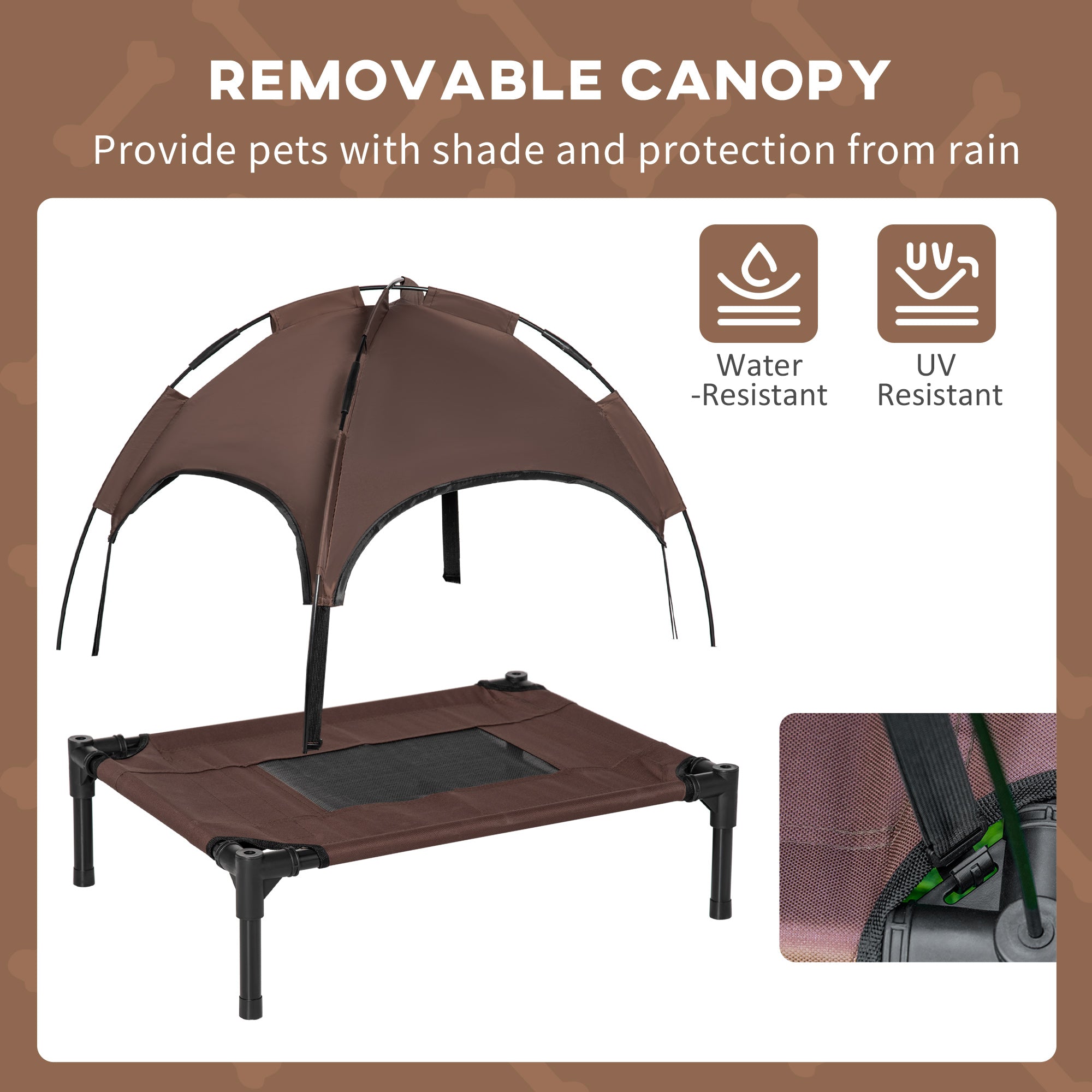 PawHut Outdoor Dog Bed with Removable Canopy, Portable Raised Dog Bed for Camping, Garden & Beach, Water-Resistant UV-Protection Mesh Pet Cot Sun Lounger, for Small Pets, 61 x 46 x 62 cm, Brown