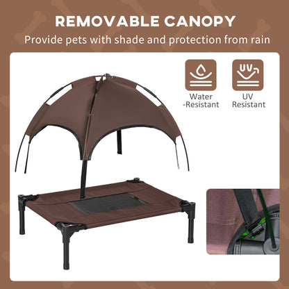 PawHut Outdoor Dog Bed with Removable Canopy, Portable Raised Dog Bed for Camping, Garden & Beach, Water-Resistant UV-Protection Mesh Pet Cot Sun Lounger, for Small Pets, 61 x 46 x 62 cm, Brown