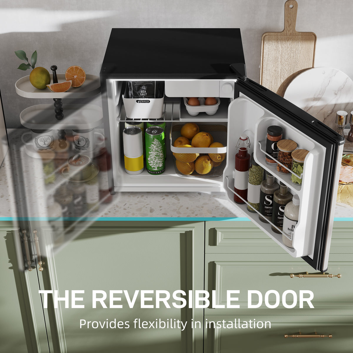 46 Litre Table Top Mini Fridge, Small Fridge with Ice Box, Reversible Door, Adjustable Temperature and Legs for Bedrooms, Home Office, Silver Tone