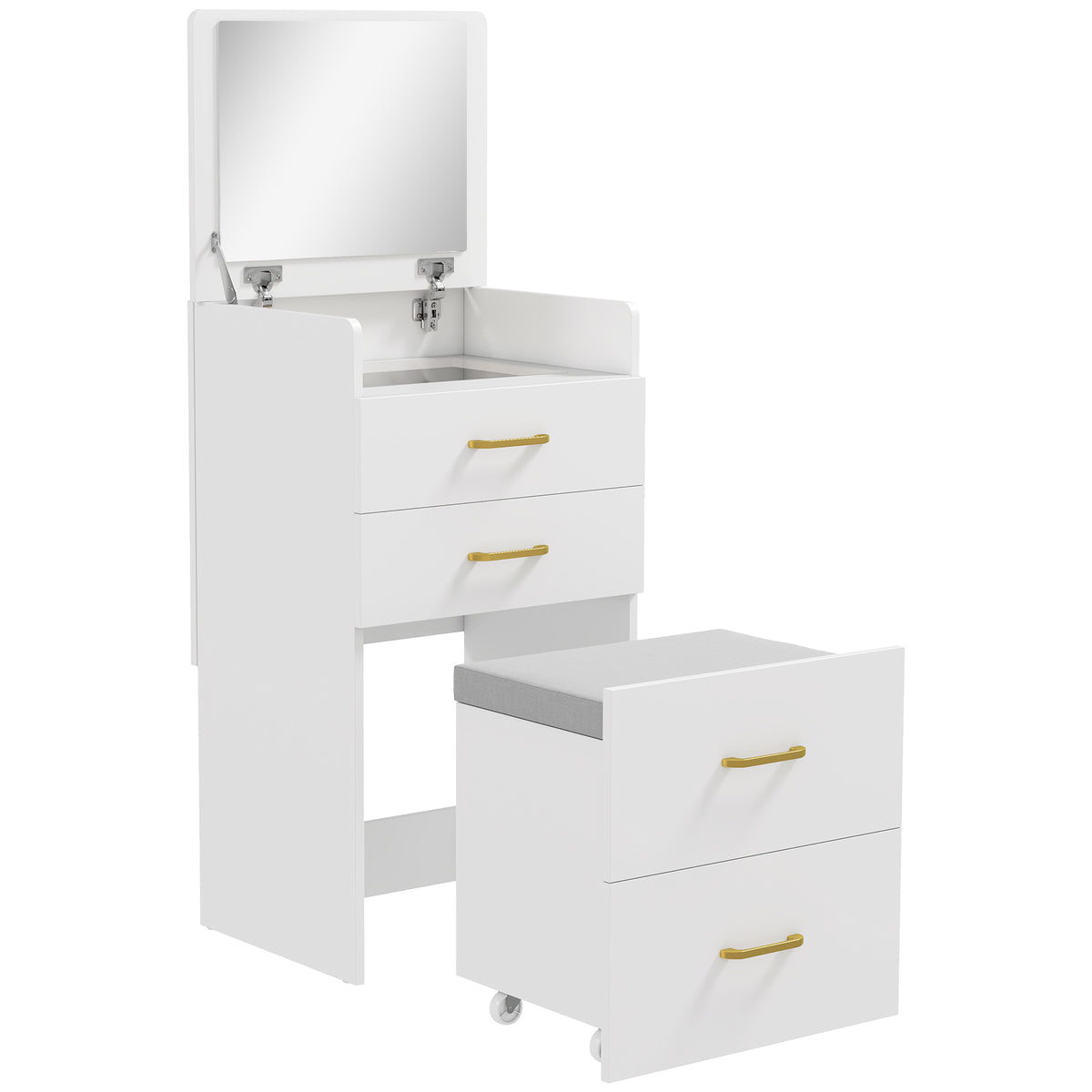 Compact Dressing Table and Stool Set, with Storage - White