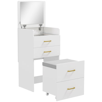 Compact Dressing Table and Stool Set, with Storage - White