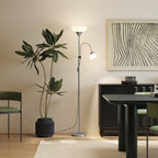 LED Floor Lamp for Living Room, 180cm Tall Standing Lamp, Mother and Child Uplighter with Adjustable Gooseneck, Silver Tone